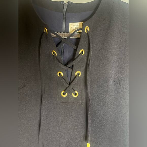 Eliza J Navy Lace Up Front Gold Detail Short Sleeved Chic Office Sheath Dress 4P - Picture 4 of 7
